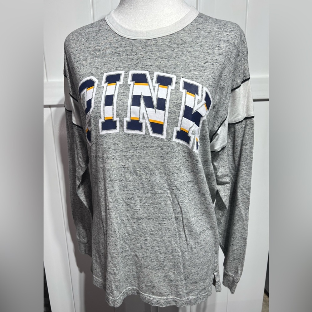 Pink by Victoria Secret “PINK” grey heathered with blue/white long sleeve top